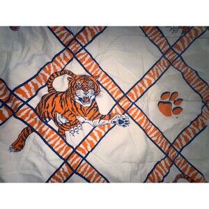 Vintage 80s Clemson Tigers Twin Comforter Quilt Blanket Tiger Paw 57x85.5 NCAA